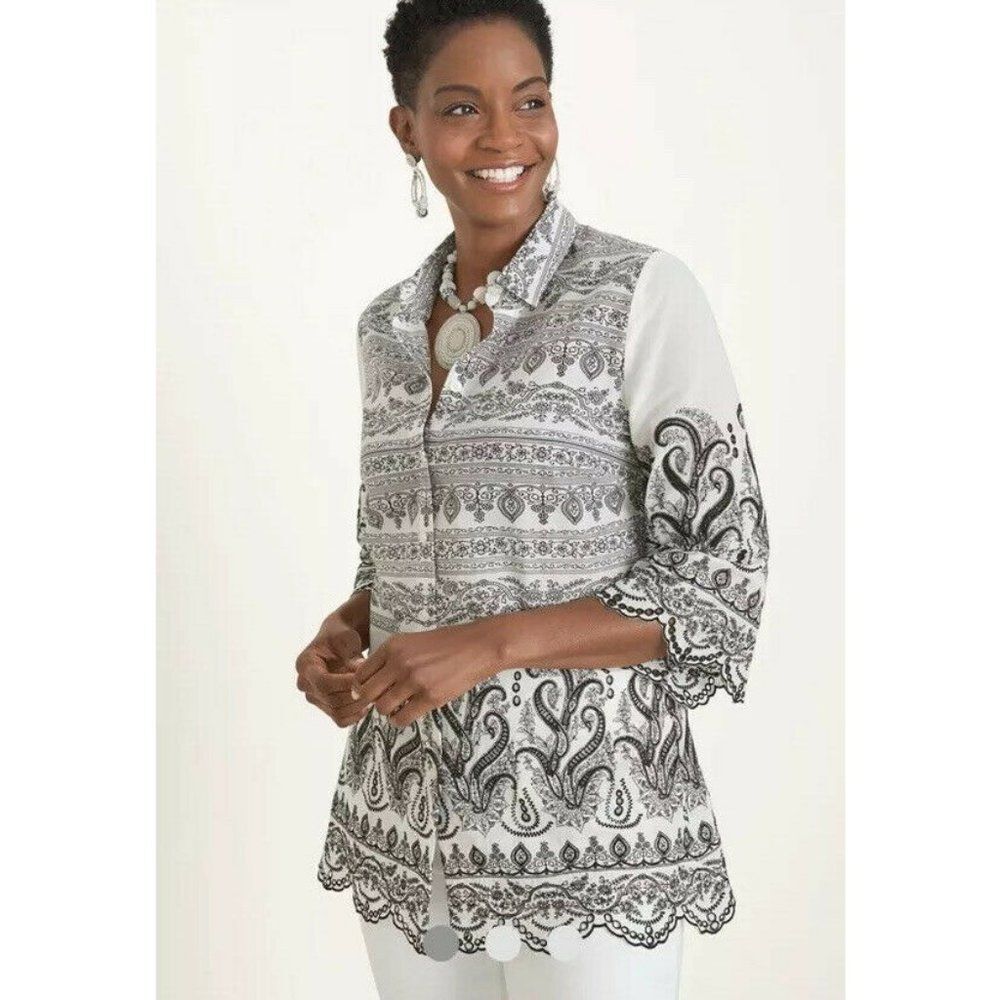 CHICO'S 4 (XL ) Paisley Eyelet Button Front Shirt Black & White Scalloped Hem